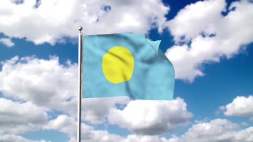 Palau Flag Waving in Blue Sky with White Clouds