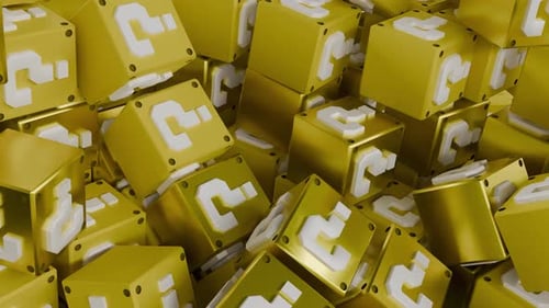 3D Golden Question Mark Cubes Tumbling Video Game Background