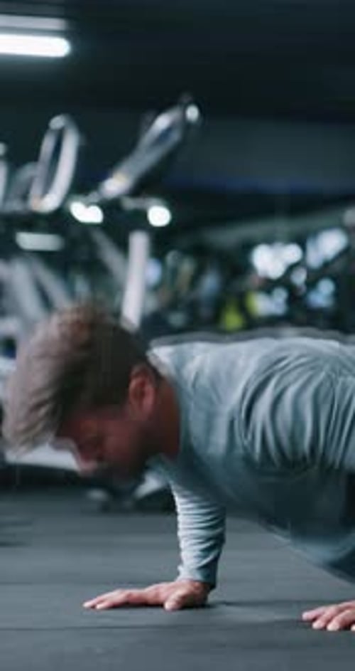 Fitness, push up or man in gym with workout, power or cardio strength in endurance training