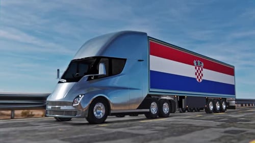 Futuristic Semi Truck with Croatia Flag Trailer Driving