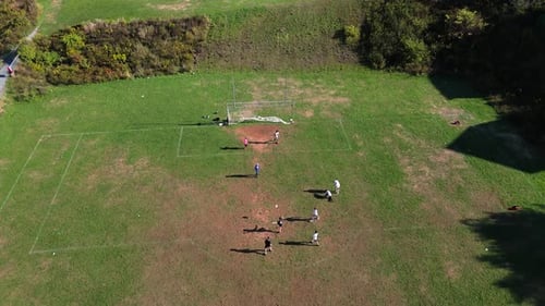 Drone View Children Training Football Outdoors On A Sunny Field In Halifax Canada