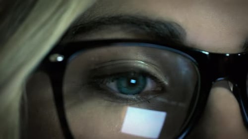 Eye, cyber security or programmer woman at night face thinking for UX SEO software