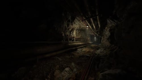 Exploring a Dimly Lit Underground Bunker with Rugged Walls and Exposed Pipes