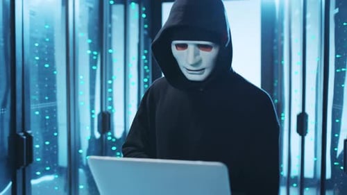 Ein mysteriöser Hacker arbeitet in einem Rechenzentrum und verwendet dabei einen Laptop für verschiedene Aufgaben