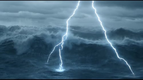 Dramatic Lightning Strikes in Rough Ocean Waters