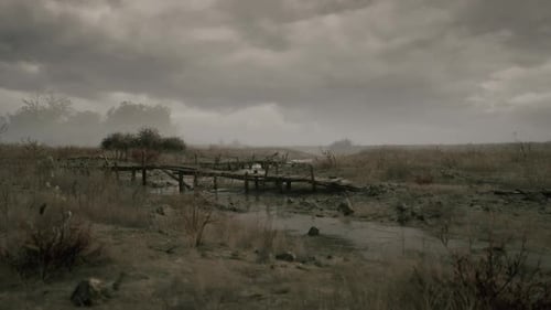 Dried Landscape with a Wooden Bridge Under a Cloudy Sky During Twilight
