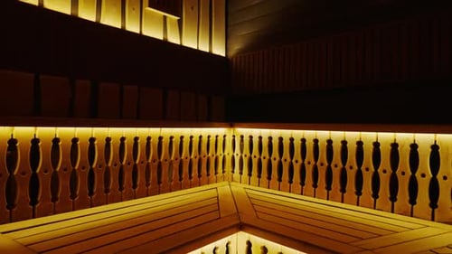 Interior Of Room For Bathing And Relaxing In Sauna Wooden Benches And Warm Light Eco Style Design