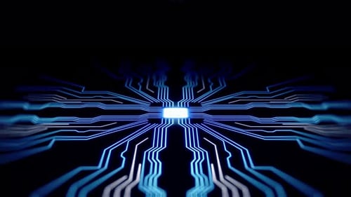 Futuristic Robotic Hand Activates Glowing Circuit Board Animation