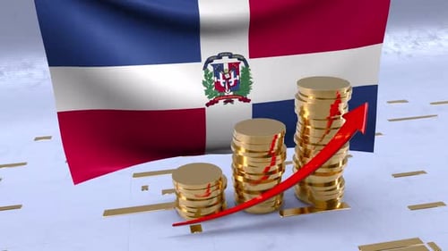 Dominican Republic Flag With Gold Coins Tower And Up Arrow