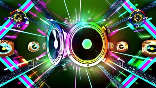 Dynamic Music Speakers with Neon Party Lights Background