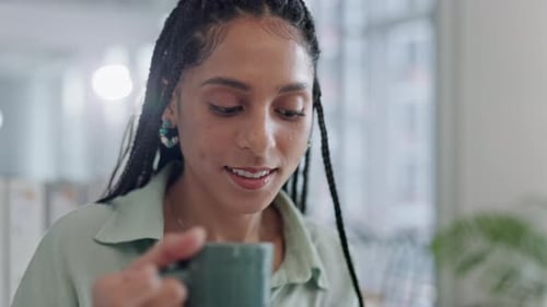 Coffee, drink and happy business woman in office, workplace or employee working