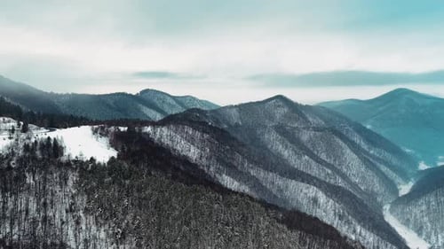 Aerial view of snowy mountain forest landscape