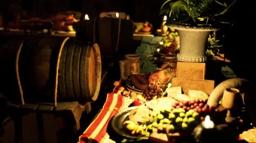 Slow Pan of a Rustic Candlelit Feast Table
