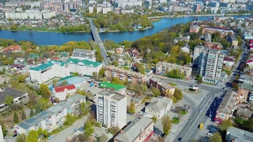 Aerial drone view of town cityscape from above