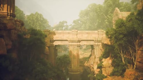 Ancient Stone Bridge Surrounded By Lush Greenery at Sunrise