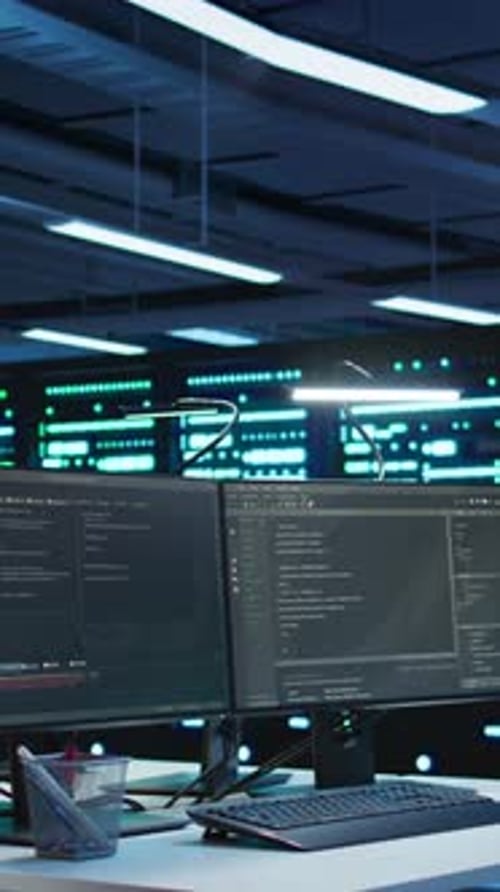 Vertical Video High Tech Data Center Facility Used for Overseeing Network Connections