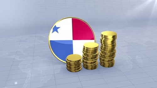Panama Flag and Growing Coin Stacks Representing Economic Growth