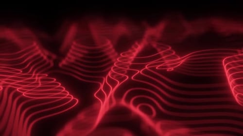 Abstract animated 3D landscape. Moving red waves on black background