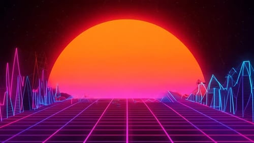 Eine lebendige futuristische Retro-Landschaft mit einer atemberaubenden Neonsonne in einer kosmischen Umgebung