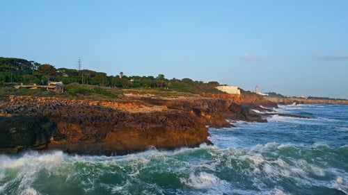 Ocean Waves Splashing Coast Aerial View Picturesque Rocky Sea with Asphalt Road