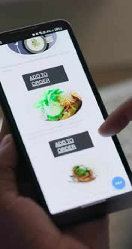 Closeup, phone screen and hands with restaurant menu, food and delivery with e commerce