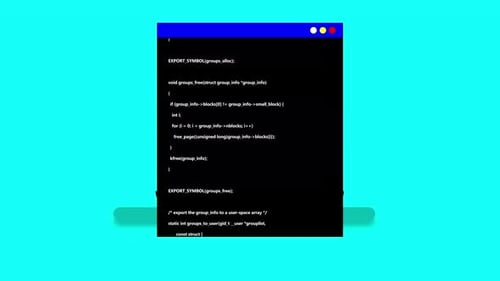 Laptop with blue screen programing code animated on cyan background