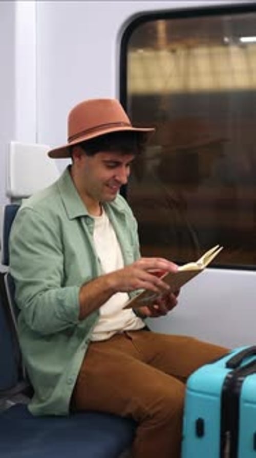 livre de lecture vertical pour voyageurs décontractés dans le train avec bagages en direction de la destination de vacances