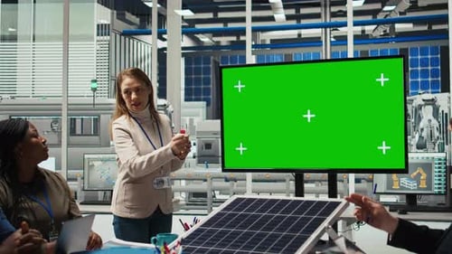 Photovoltaics Plant Researchers Doing Meeting Looking at Chroma Key Monitor