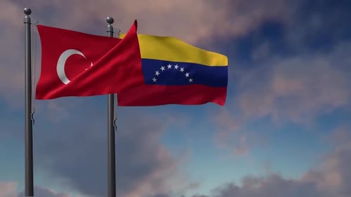 Turkey and Venezuela Flags Waving in Sky