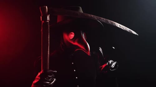 Plague Doctor with Sharp Scythe Showing Peace Sign or V on Black Smoke Background