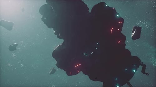 Futuristic Sci-Fi Spaceship Floating in Cosmic Dust with Glowing Lights