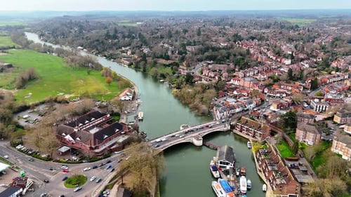 Flying over Caversham bridge over river Thames in Reading