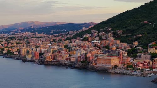 Peaceful Evening in Genoa Italy, Colorful Homes by the Sea, Golden Hour