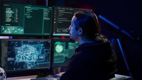 Hacker Drinking Coffee While Running Artificial Intelligence Spyware Software