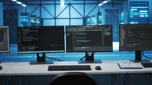 PC Monitors on Desk Used for Checking Potential System Failures in Server Room