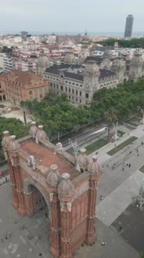 Aerial view of Arc de Triomf with Promenade Passeig de Lluís Companys in Barcelona Spain