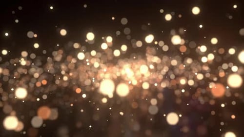 Rendu 3D, des points lumineux scintillent et flottent dans un décor sombre lors d'une soirée.
