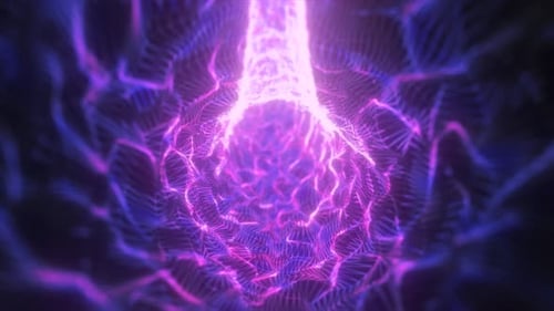 Futuristic tunnel of glowing purple energy lines forming a digital vortex