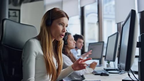 Sales Manager Consulting Online in Headset. Call Center Operator Talking Client Give
