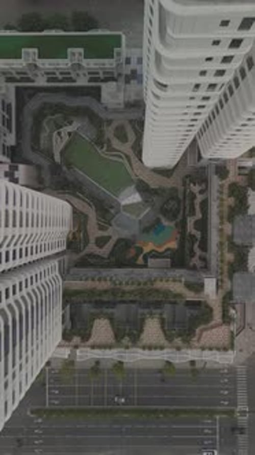 Contemporary residential development from top down aerial view.