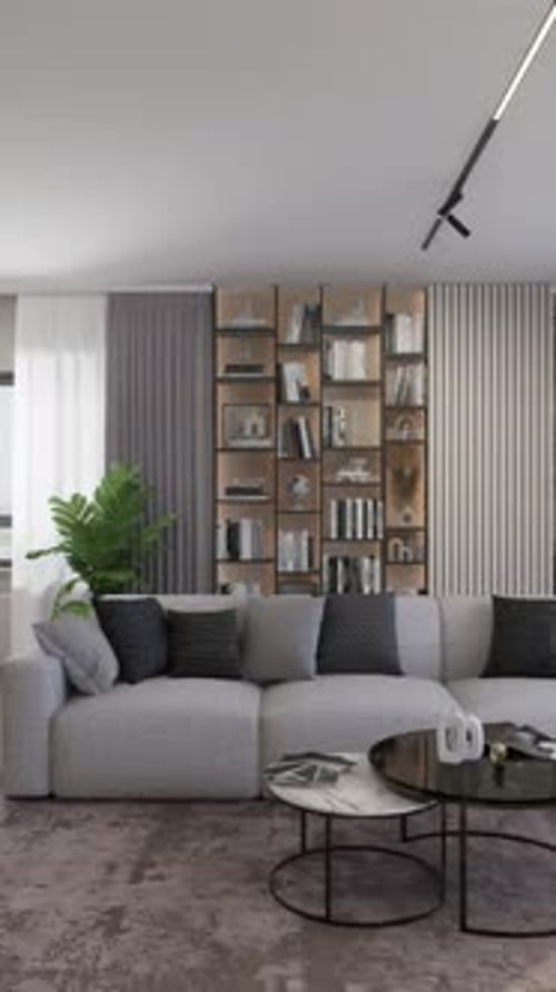 Renderización 3D. La cámara sobrevuela un estudio moderno. Formato vertical para un teléfono.