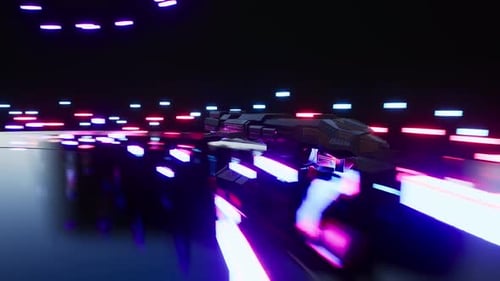 un vaisseau spatial passe sur Neon Highway, rendu 3D