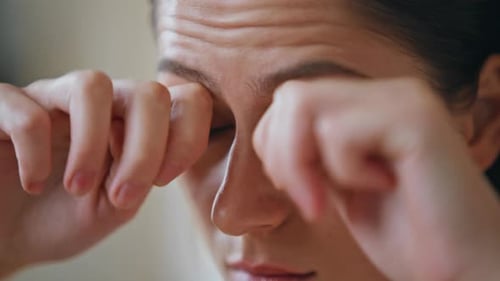 Closeup Girl Massaging Facial Skin Undereye Area Indoors Woman Home Skincare