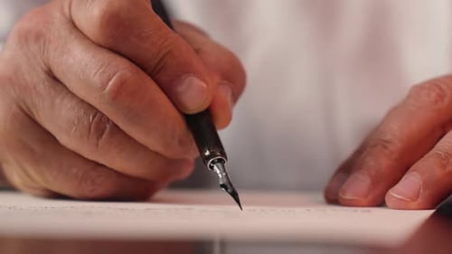 Close Up Old Male Hand Holding Fountain Pen Writer Writing Letter Man Paper Business Calligraphy
