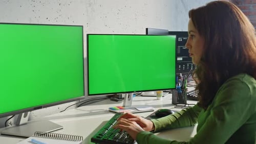 Woman Texting Mockup Display Pc Office Closeup Businesswoman Working Computer