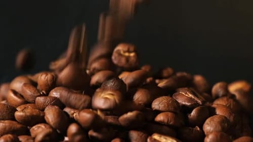 Falling Roasted Coffee Beans Close Up