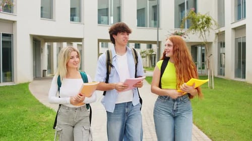 University Students Engaging in Animated Discussions While Strolling Through a Lively Campus on a