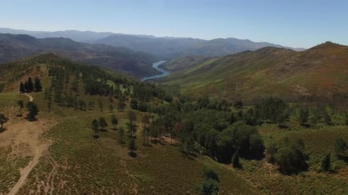 Aerial Drone Footage of Portuguese Mountain Landscape with River View
