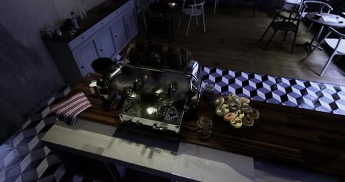 Cozy Coffee Shop Interior Featuring Brewing Equipment and Pastries