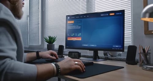 Adult Man Types Prompt in AI Image Generator Software on PC